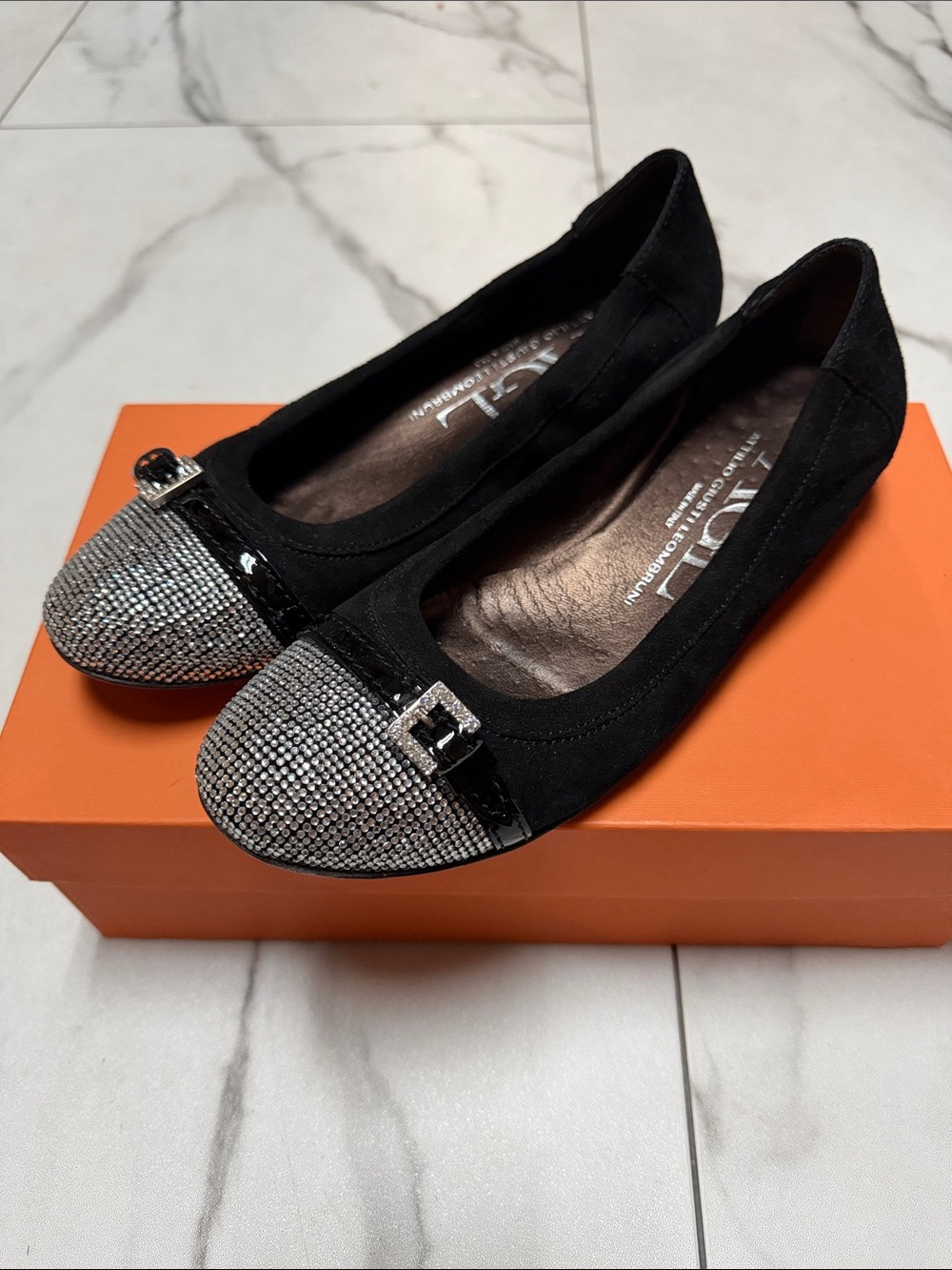AGL Black Suede and Leather Flats with Rhinestones Size 39